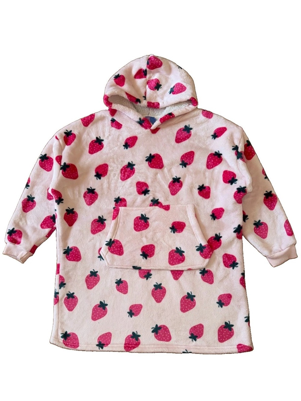 Oversized Blanket Hoodie Sherpa Size S Plush Soft Comfy Strawberry Print Pink
